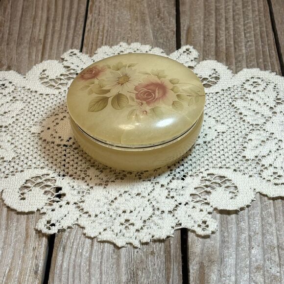 Vintage Genuine Alabaster Hinged Rose Trinket Jewelry Box - Picture 1 of 11